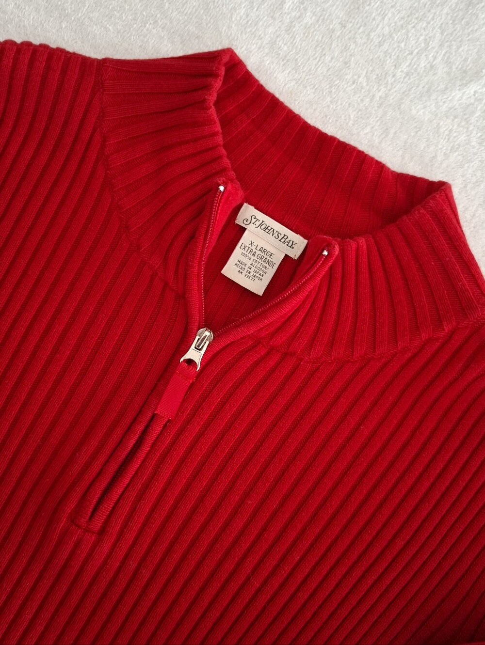 Vintage Women"s St. John's Bay Red Ribbed Quarter Zip Sweater XL Made in Japan